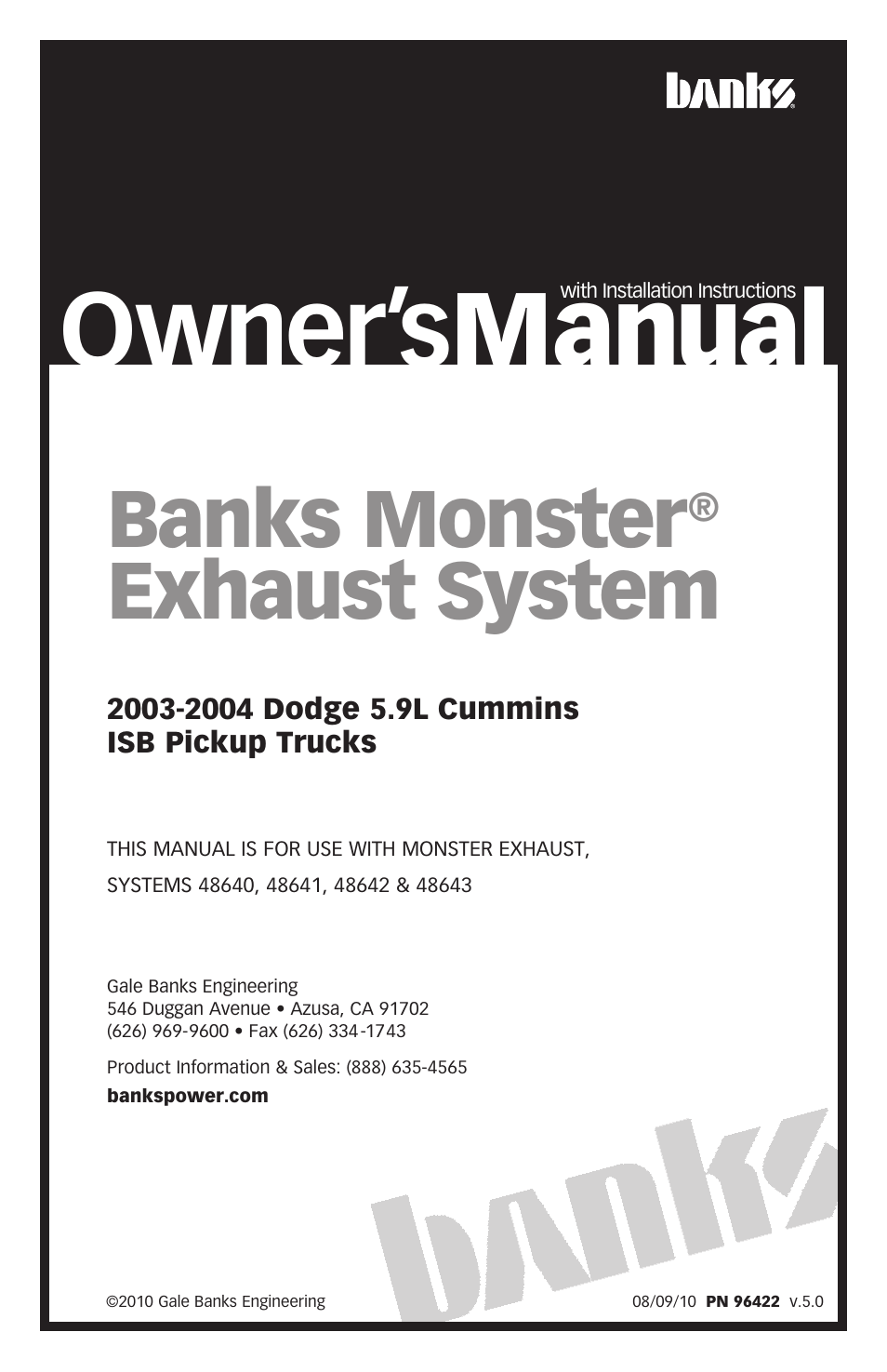 Banks Power Dodge Trucks: (Diesel ’03 - 07 5.9L Cummins) Exhaust- Monster Exhaust, Single out the back '03-04 User Manual | 12 pages