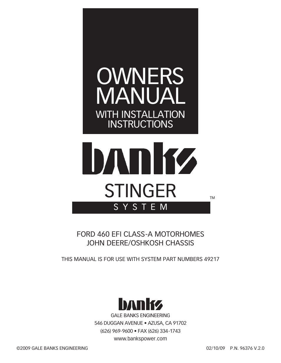 Banks Power Ford Motorhomes: (Gas ’93 - 98 7.5L Class-A) Power Systems- Stinger System (Class-A, JD-OK chassis) '93-98 For Use w_ 460 EFI Engine User Manual | 8 pages