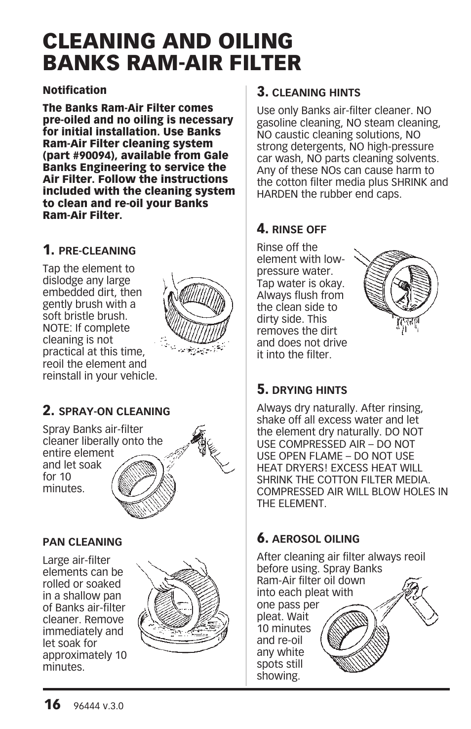 Cleaning and oiling banks ram-air filter | Banks Power Ford Motorhomes: (Gas ’93 - 98 7.5L Class-A) PowerPack System (Class-A, Ford chassis, non-cat) For Use w_ 460 EFI Engine User Manual | Page 16 / 20