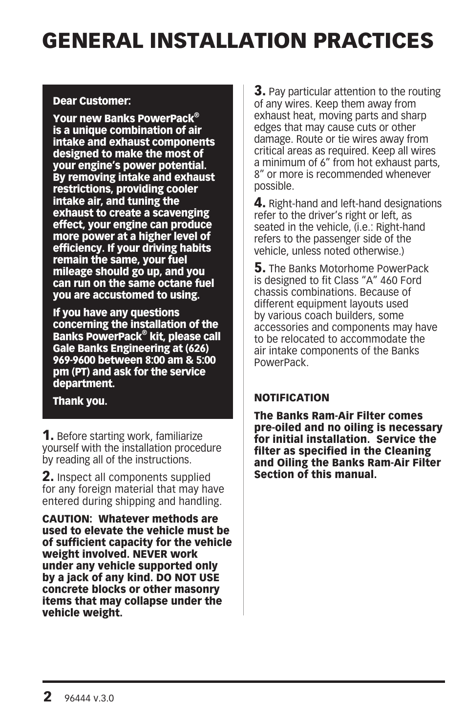 General installation practices | Banks Power Ford Motorhomes: (Gas ’93 - 98 7.5L Class-A) PowerPack System (Class-A, Ford chassis, non-cat) For Use w_ 460 EFI Engine User Manual | Page 2 / 20