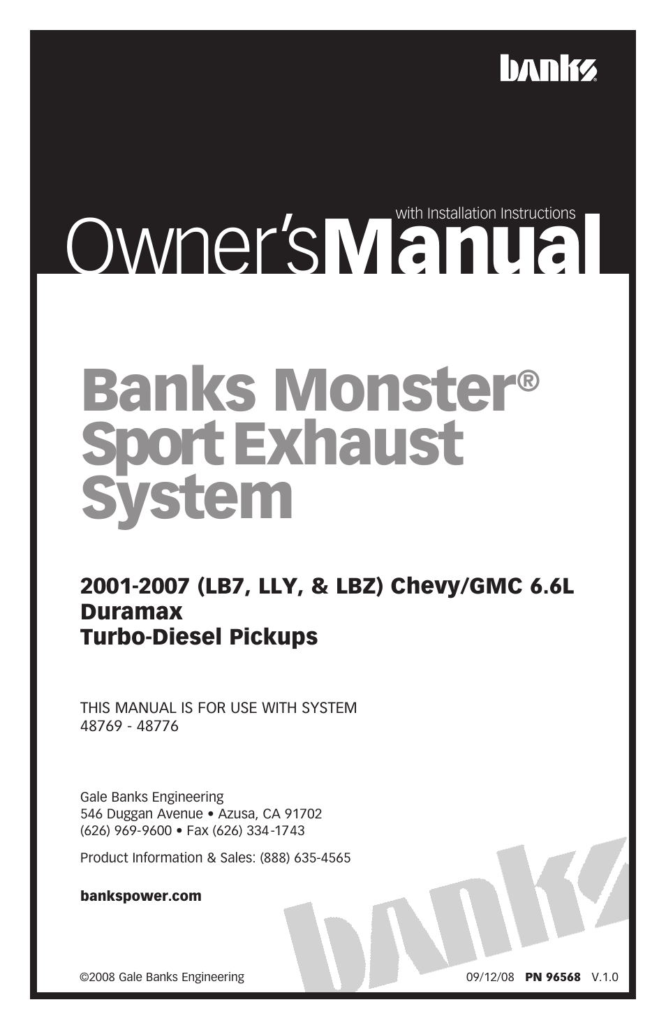 Banks Power Chevy_GMC Trucks: Duramax LB7 (Diesel ’01 - 04 6.6L) Exhaust- Monster Sport Exhaust System '01-07 User Manual | 12 pages