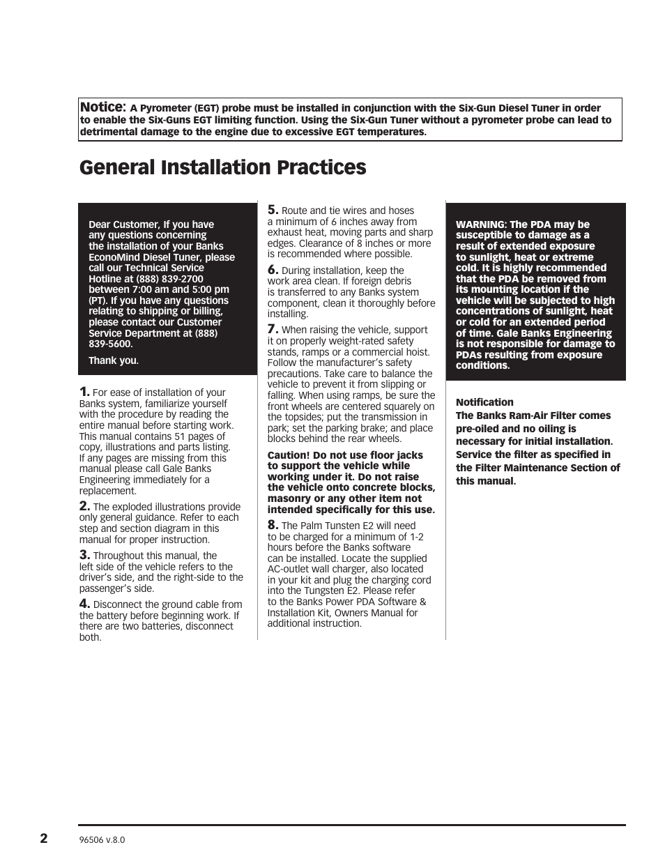 General installation practices, Notice | Banks Power Chevy_GMC Trucks: Duramax LLY-LBZ (Diesel ’06 - 07 6.6L) Power Systems- PowerPack & Stinger Systems w Economind (LLY & LBZ) '06-07 (PDA) Compatible w_ Optional PowerPDA User Manual | Page 2 / 40