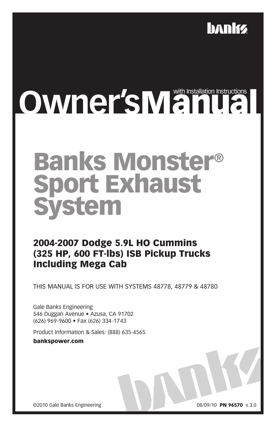 Banks Power Dodge Trucks: (Diesel ’03 - 07 5.9L Cummins) Exhaust- Monster Sport Exhaust System '04-07 325 HP Dodge 5.9L HO Cummins Trucks, Including Mega Cab User Manual | 12 pages