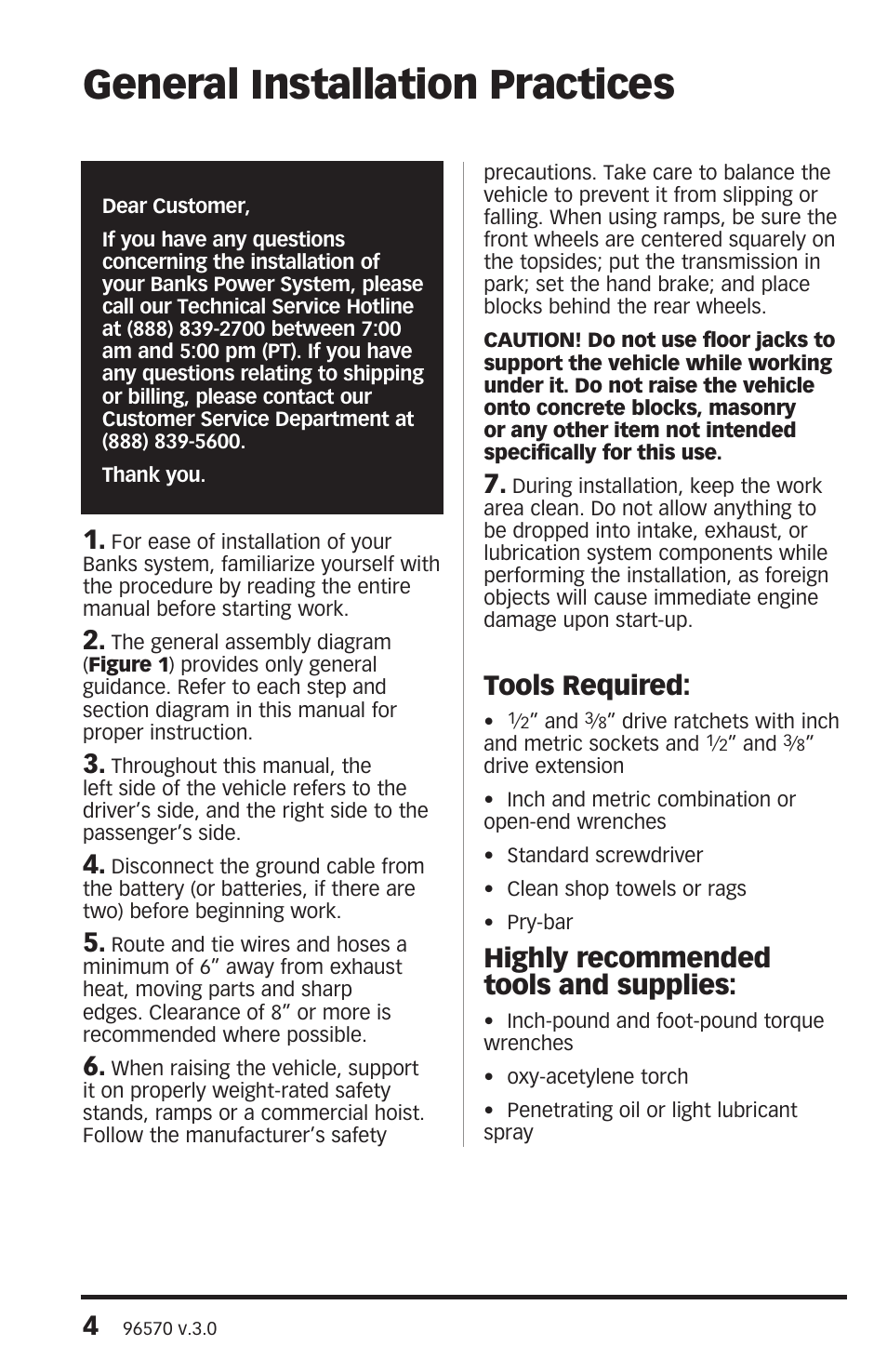 General installation practices, Tools required, Highly recommended tools and supplies | Banks Power Dodge Trucks: (Diesel ’03 - 07 5.9L Cummins) Exhaust- Monster Sport Exhaust System '04-07 325 HP Dodge 5.9L HO Cummins Trucks, Including Mega Cab User Manual | Page 4 / 12