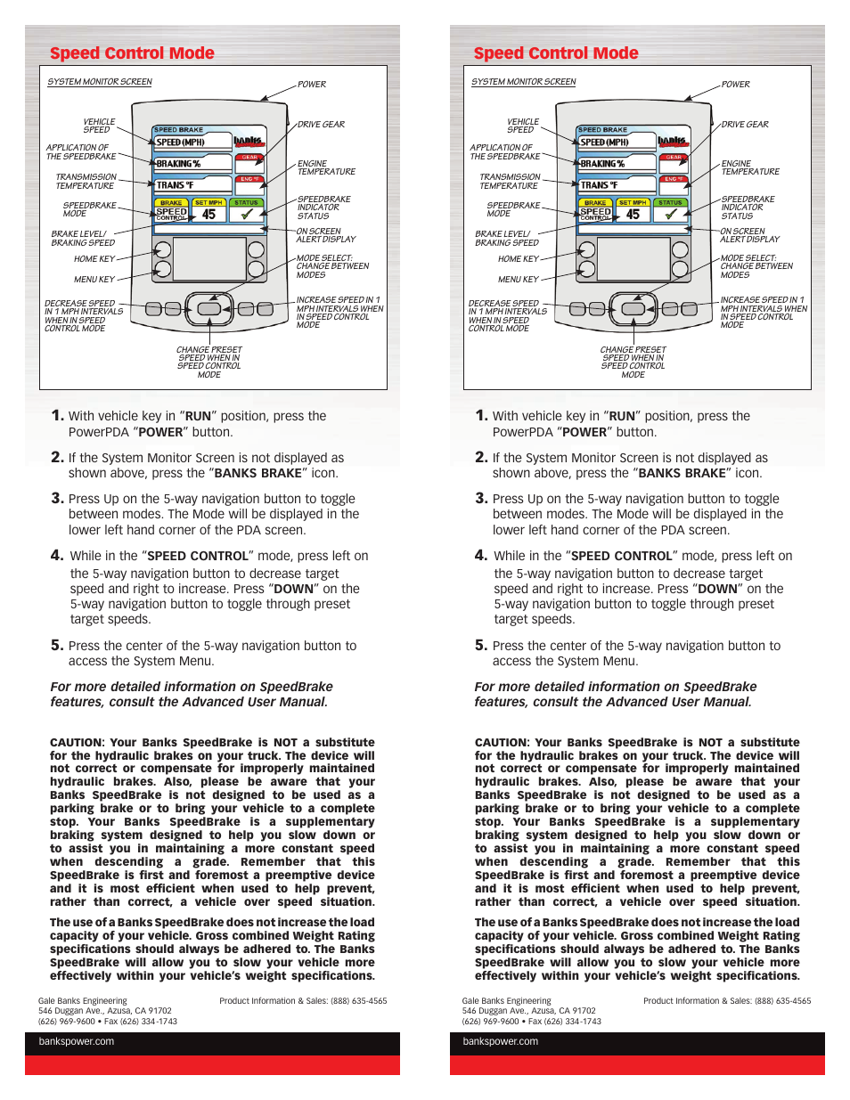 Speed control mode | Banks Power Ford Trucks: (Diesel ’03 - 07 6.0L Power Stroke) Speed Control- SpeedBrake Quick Reference Guide (PDA) For use with PowerPDA User Manual | Page 2 / 2