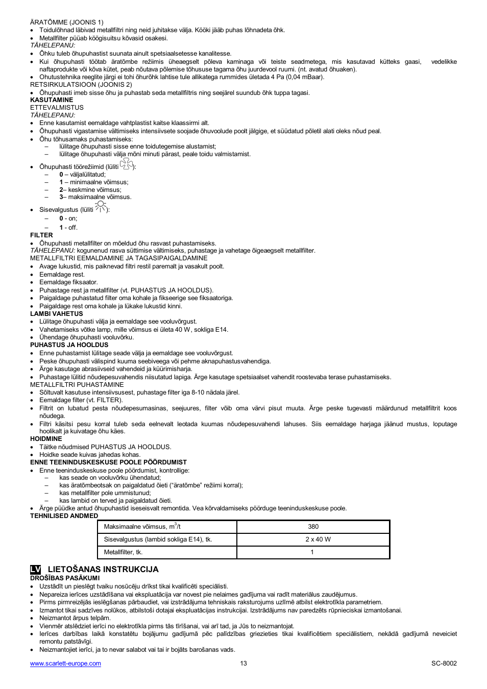 Lv lieto anas instrukcija | Scarlett SC-8002 User Manual | Page 13 / 19