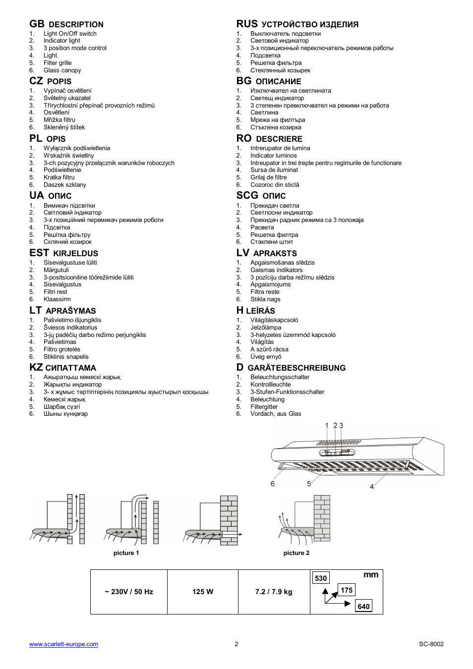 Ua scg, Kz d | Scarlett SC-8002 User Manual | Page 2 / 19