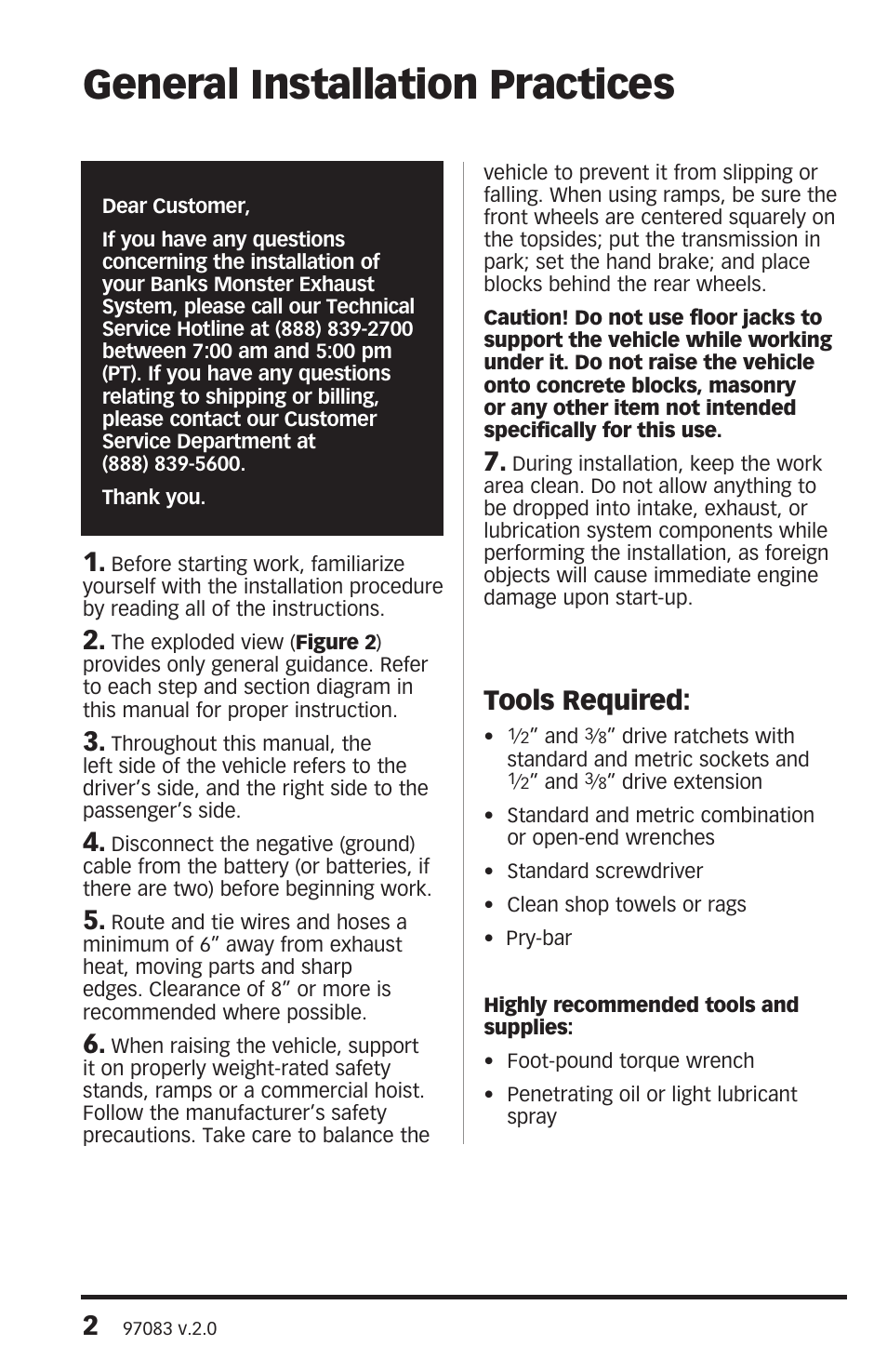 General installation practices, Tools required | Banks Power Toyota Trucks: (Gas ’07 - 09 4.0L FJ) Exhaust- Monster Exhaust, Single out the back '07-09 User Manual | Page 2 / 8