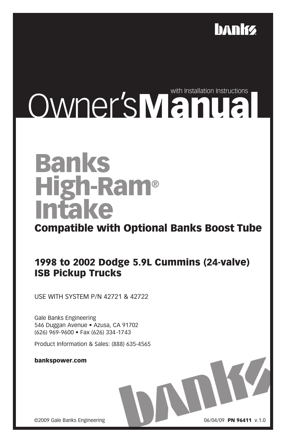 Banks Power Dodge Trucks: (Diesel ’98 - 02 5.9L Cummins ISB) Intake- High-Ram Intake System, '98-02 Compatible w_Optional Banks Boost Tube User Manual | 8 pages