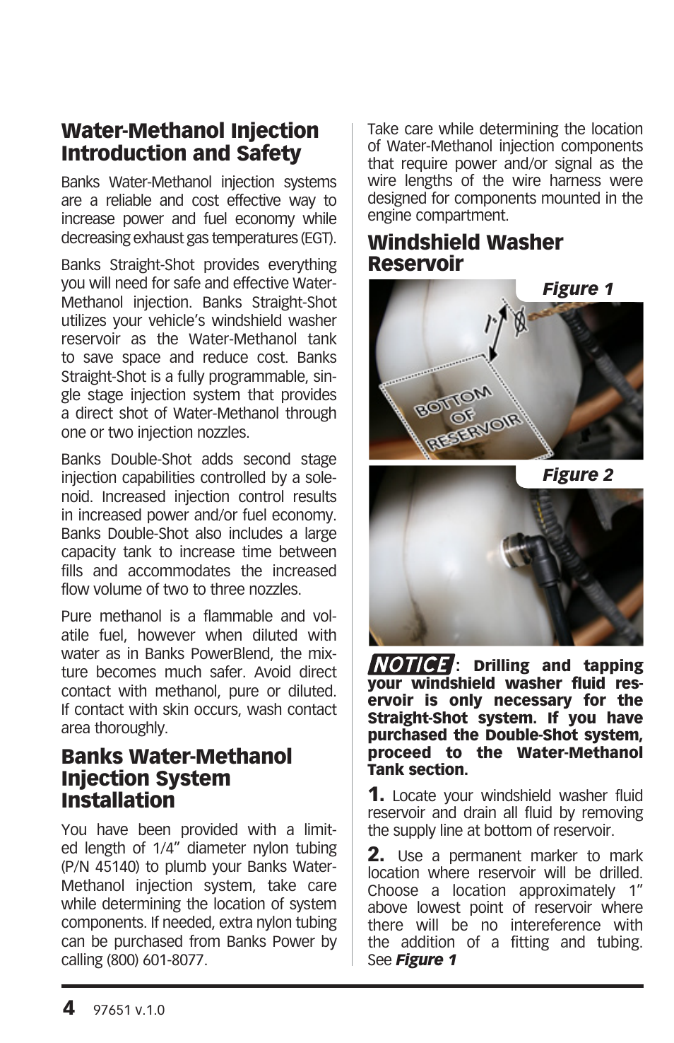 Water-methanol injection introduction and safety, Banks water-methanol injection system installation, Windshield washer reservoir | Banks Power Universal Car & Truck: (Gas or Diesel ’50 - 14 Universal) Water-Methanol: Straight-Shot and Double Shot, Vehicle specific applications User Manual | Page 4 / 32