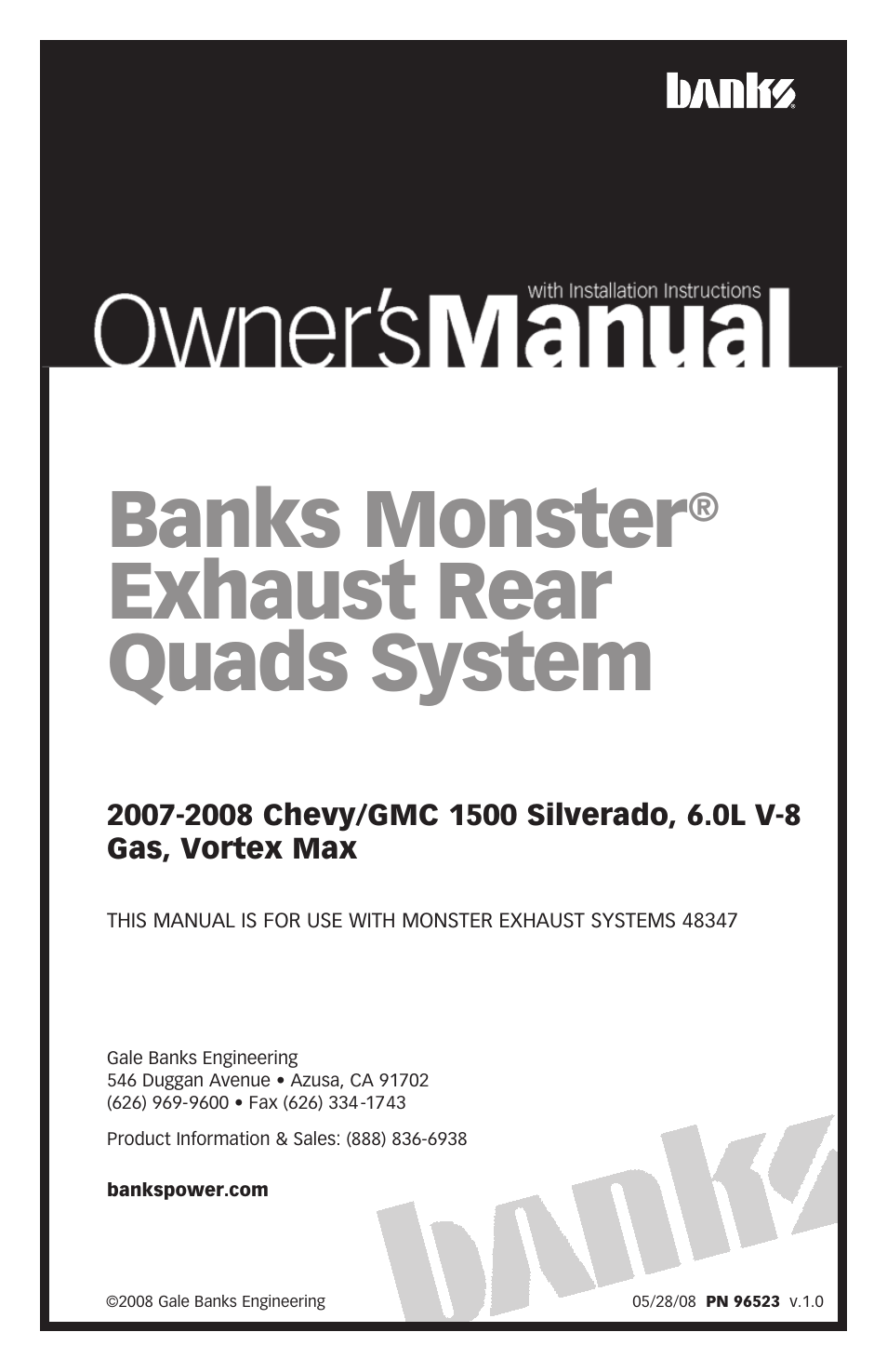 Banks Power Chevy_GMC Trucks: Gas ’99 - 14 4.3,4.8,5.3,6.0,6.2,8.1 Exhaust- Monster Exhaust, Rear Quads '07-08 Chevy-GMC 1500 Silverado 1500, 6.0L V-8 Gas, Vortex Max User Manual | 12 pages