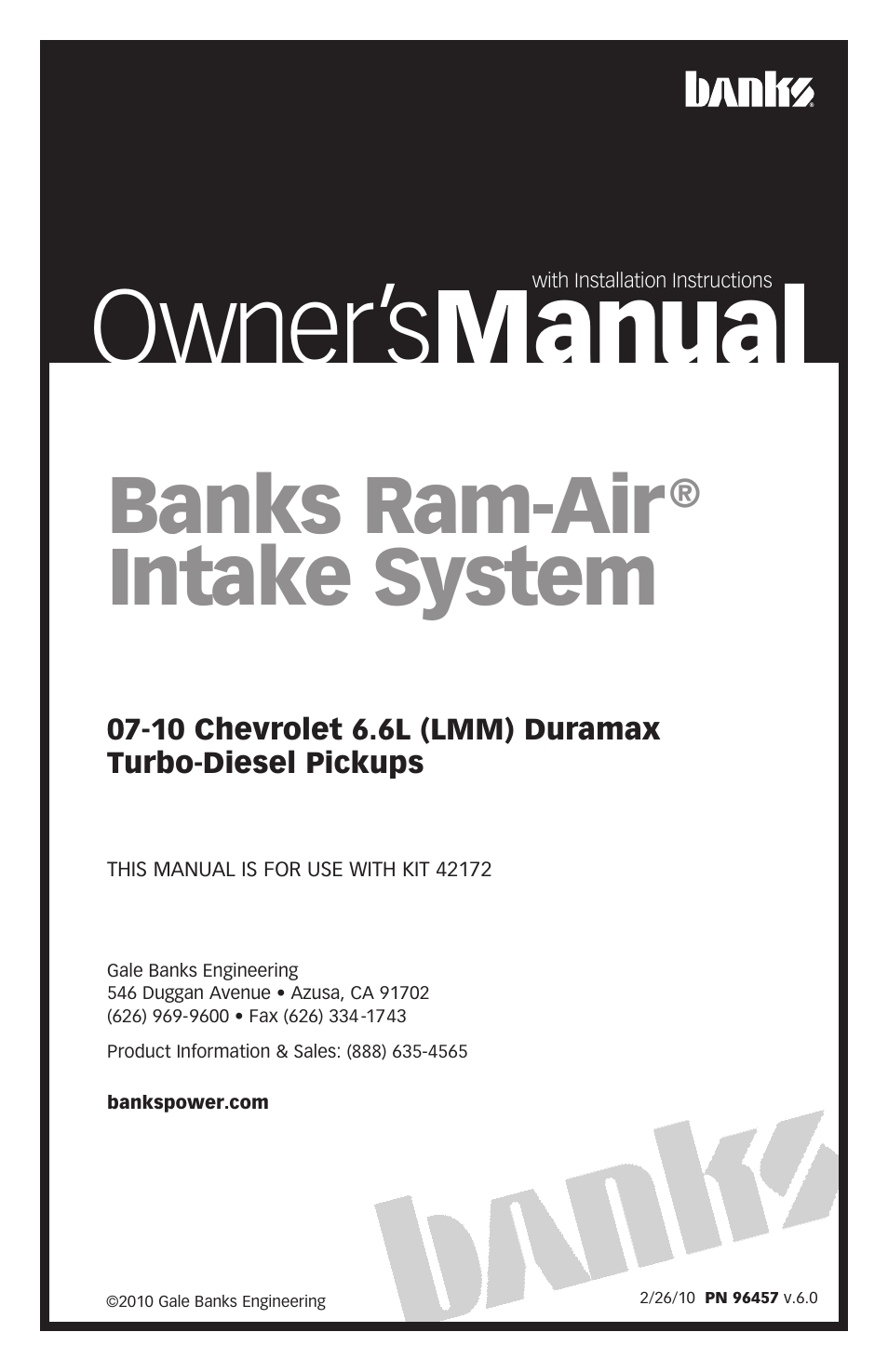 Banks Power Chevy_GMC Trucks: Duramax LMM (Diesel ’07 - 10 6.6L) Intake- Ram-Air Intake System '07-10 User Manual | 12 pages