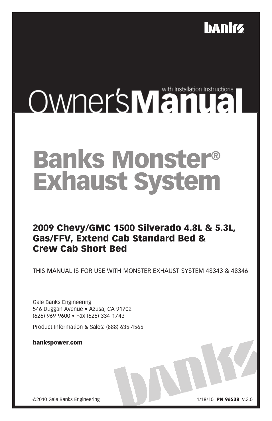 Banks Power Chevy_GMC Trucks: Gas ’99 - 14 4.3,4.8,5.3,6.0,6.2,8.1 Exhaust- Monster Exhaust, Single Passenger side exit '09  Chevy-GMC 1500 Silverado 4.8L & 5.3L, ECSB & CCSB, Gas-FFV User Manual | 8 pages