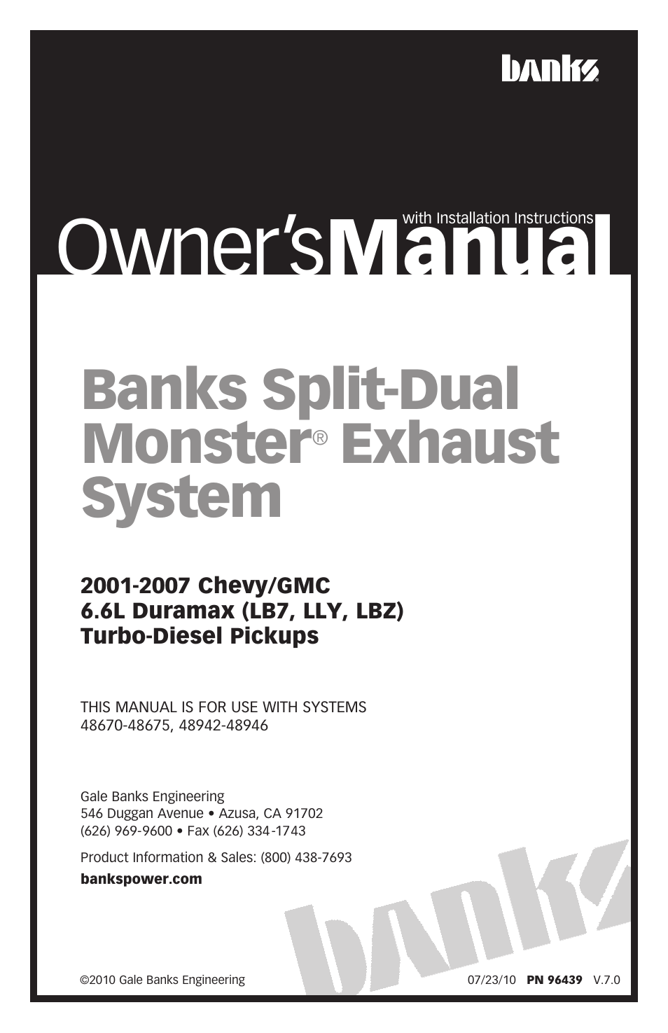 Banks Power Chevy_GMC Trucks: Duramax LB7 (Diesel ’01 - 04 6.6L) Exhaust- Monster Exhaust, Split-Dual '01-07 User Manual | 12 pages