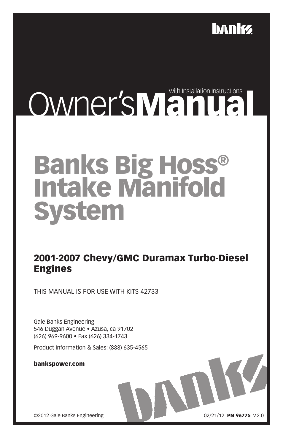 Banks Power Chevy_GMC Trucks: Duramax LB7 (Diesel ’01 - 04 6.6L) Intake- Big Hoss Intake Manifold System '01-07 User Manual | 20 pages