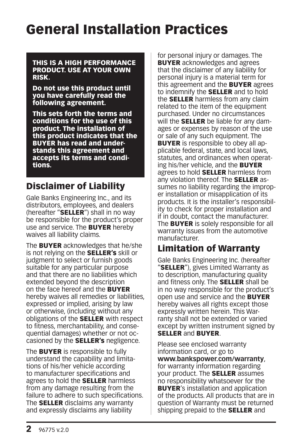 General installation practices, Disclaimer of liability, Limitation of warranty | Banks Power Chevy_GMC Trucks: Duramax LB7 (Diesel ’01 - 04 6.6L) Intake- Big Hoss Intake Manifold System '01-07 User Manual | Page 2 / 20