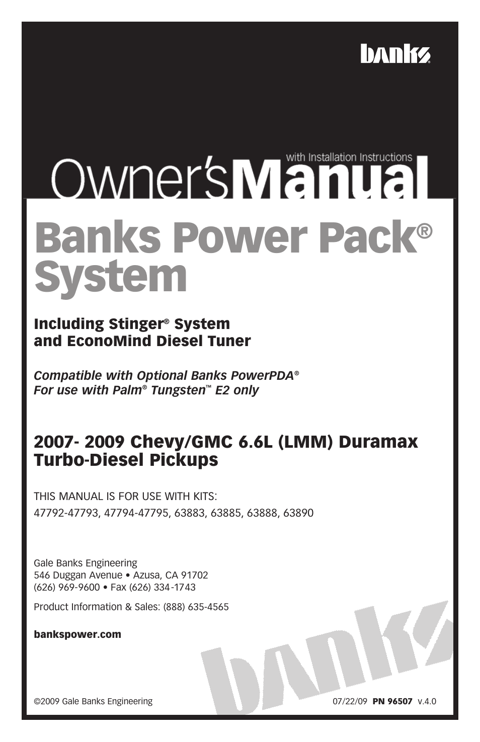 Banks Power Chevy_GMC Trucks: Duramax LMM (Diesel ’07 - 10 6.6L) Power Systems- PowerPack & Stinger w_EconoMind ('07-09) LMM (PDA) Compatible w_Optional PowerPDA User Manual | 60 pages