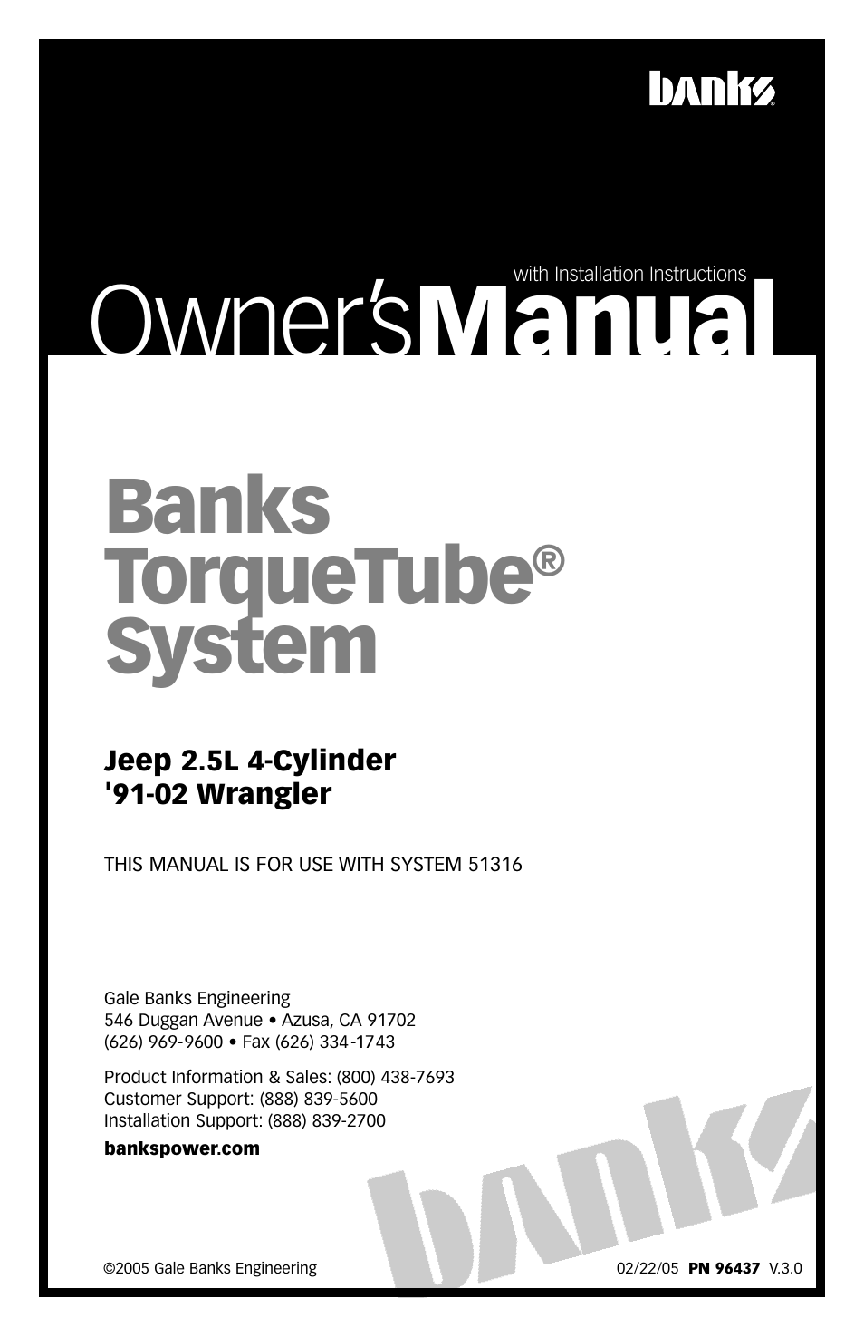 Banks Power Jeep Trucks: (Gas ’91 - 02 2.5L) Exhaust- TorqueTube system '91-02 2.5L Wrangler User Manual | 8 pages