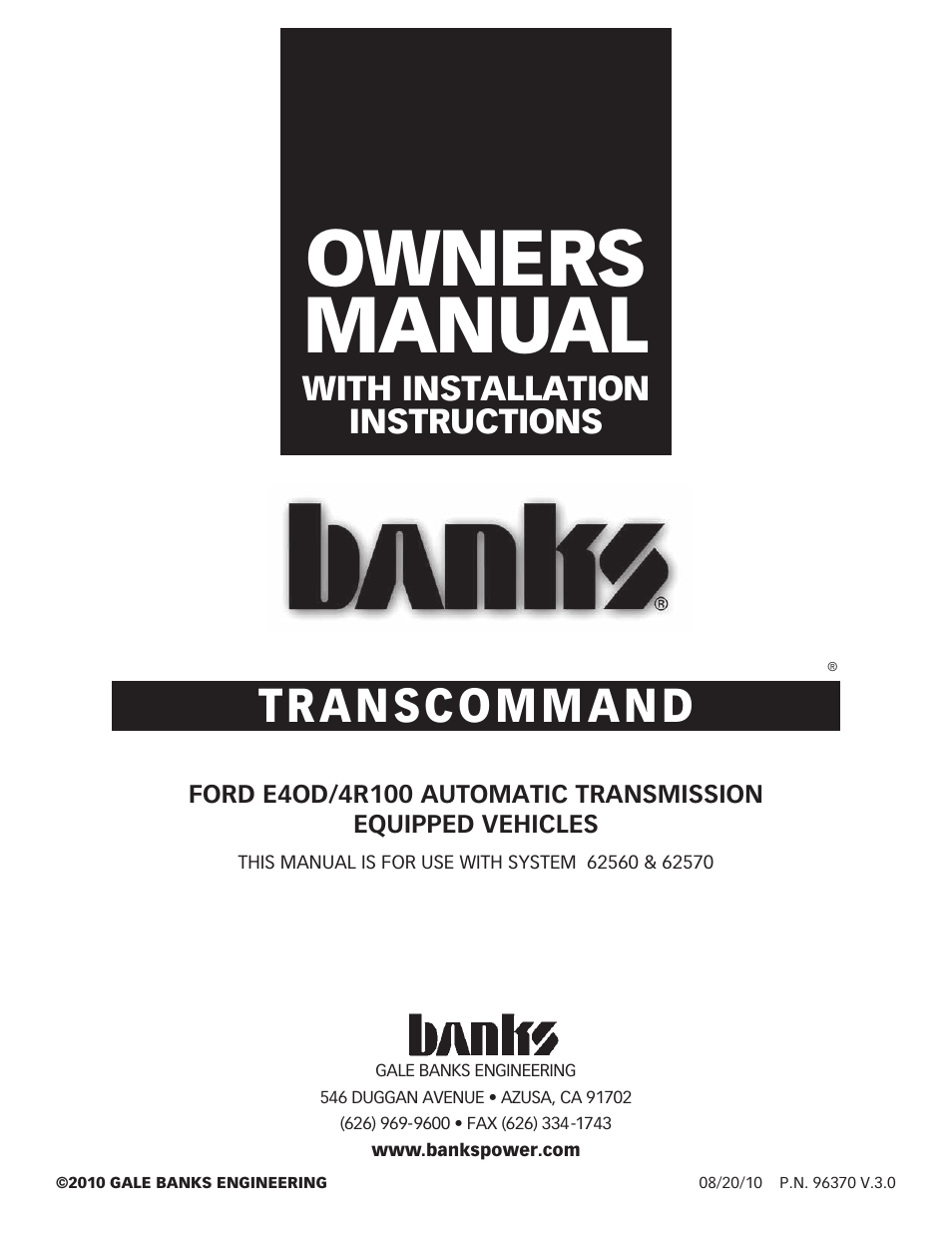 Banks Power Ford Trucks: (Gas ’87 - 97 7.5L EFI) Powertrain- TransCommand For E40D_4R100 transmissions User Manual | 10 pages