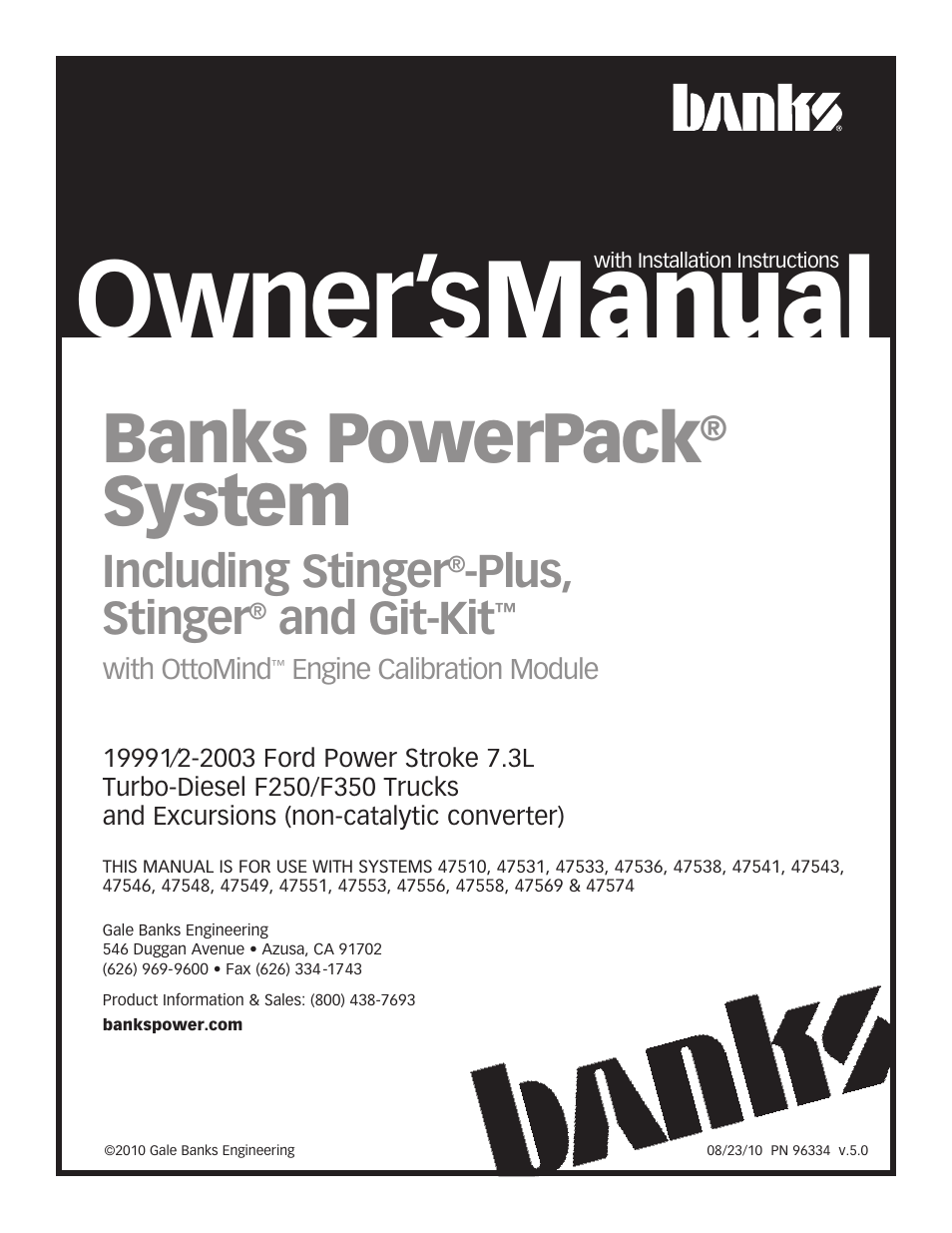 Banks Power Ford Trucks: (Diesel ’99 - 03 7.3L Power Stroke) Power Systems- Stinger, Stinger-Plus & PowerPack systems '19991_2-2003 F250_F350 Trucks & Excursion (non-cat) User Manual | 24 pages