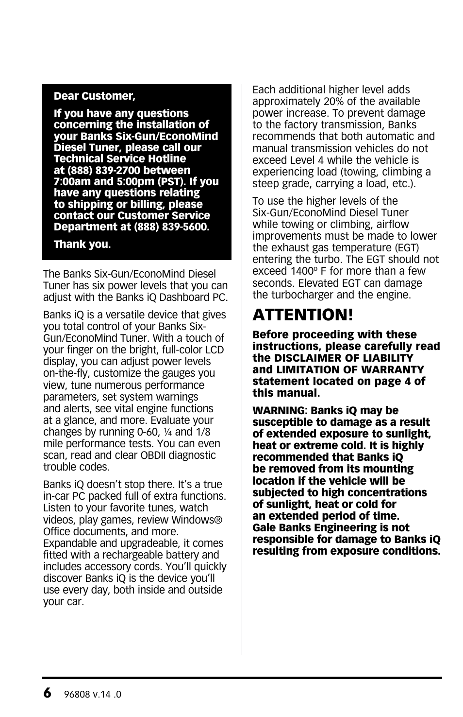 Attention | Banks Power Ford Trucks: (Diesel ’03 - 07 6.0L Power Stroke) Tuner- Six-Gun Diesel Tuner w_Optional Banks Brake & Speed-Loader '03-07 For use with Six-Gun_EconoMind Selector Switch User Manual | Page 6 / 44