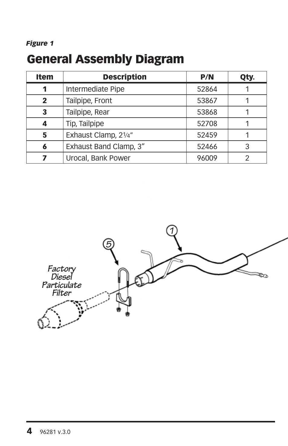 General assembly diagram, Factory diesel particulate filter 1 5 | Banks Power Volkswagen Cars: (Diesel ’09 - 10 Jetta 2.0L TDI) Exhaust- Monster Exhaust, Single out the back 2009-2010 2.0L Clean Diesel, Jetta TDI & Jetta TDI Sportwagen User Manual | Page 4 / 8