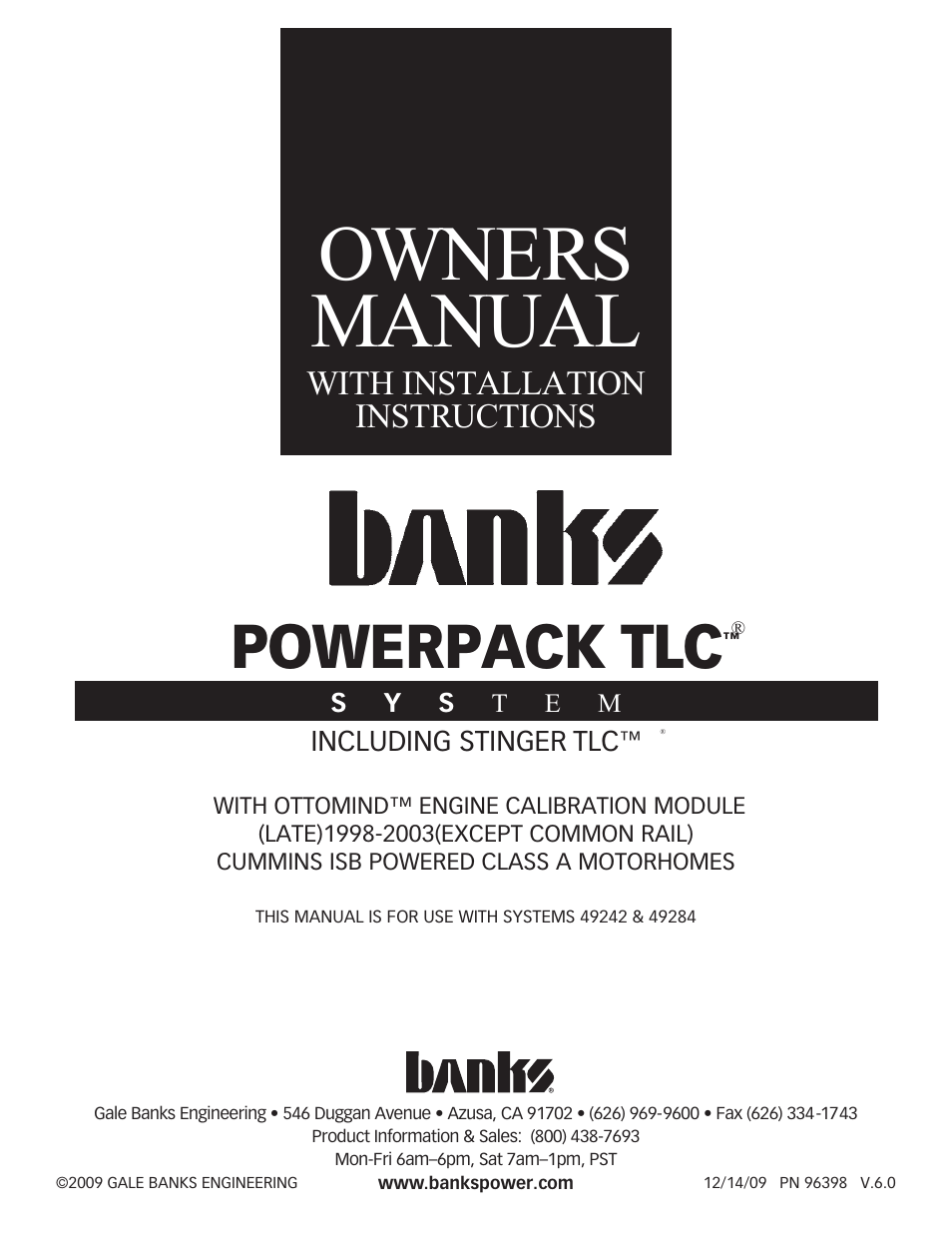 Banks Power Cummins Motorhomes: (Diesel ’98 - 03 ISB 5.9L) PowerPack TLC & Stinger TLC systems w_OttoMind Module 5.9L, Class-A MHExcept Comon Rail User Manual | 14 pages