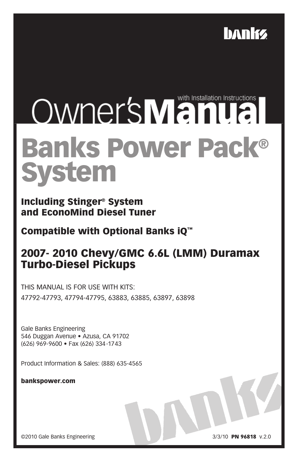 Banks Power Chevy_GMC Trucks: Duramax LMM (Diesel ’07 - 10 6.6L) Power Systems- PowerPack & Stinger w_EconoMind '07-10 (iQ) Compatible with Optional Banks iQ User Manual | 60 pages