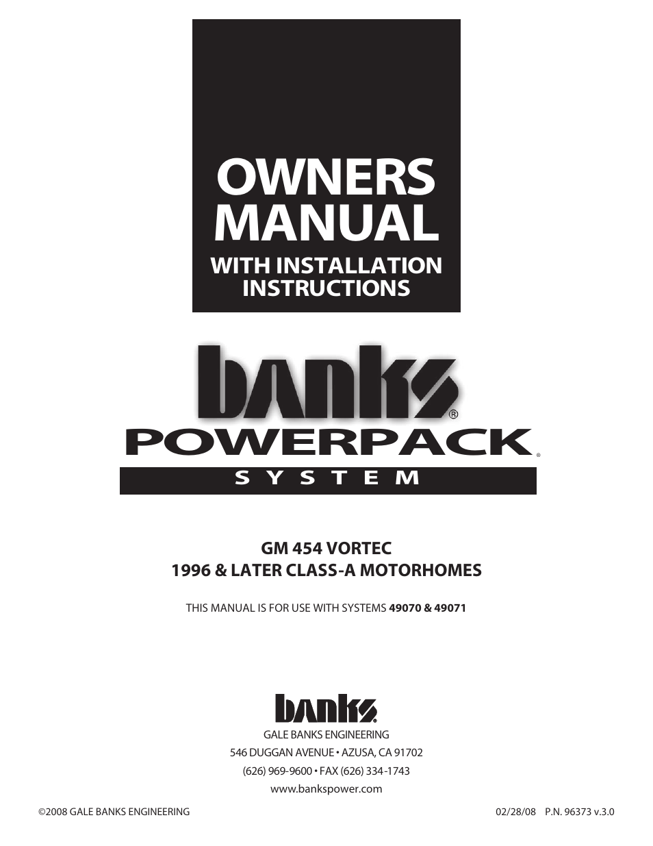 Banks Power GM Motorhomes: (Gas ’96 - 00 7.4L Vortec) PowerPack system (EFI Vortec, P30 chassis) User Manual | 12 pages
