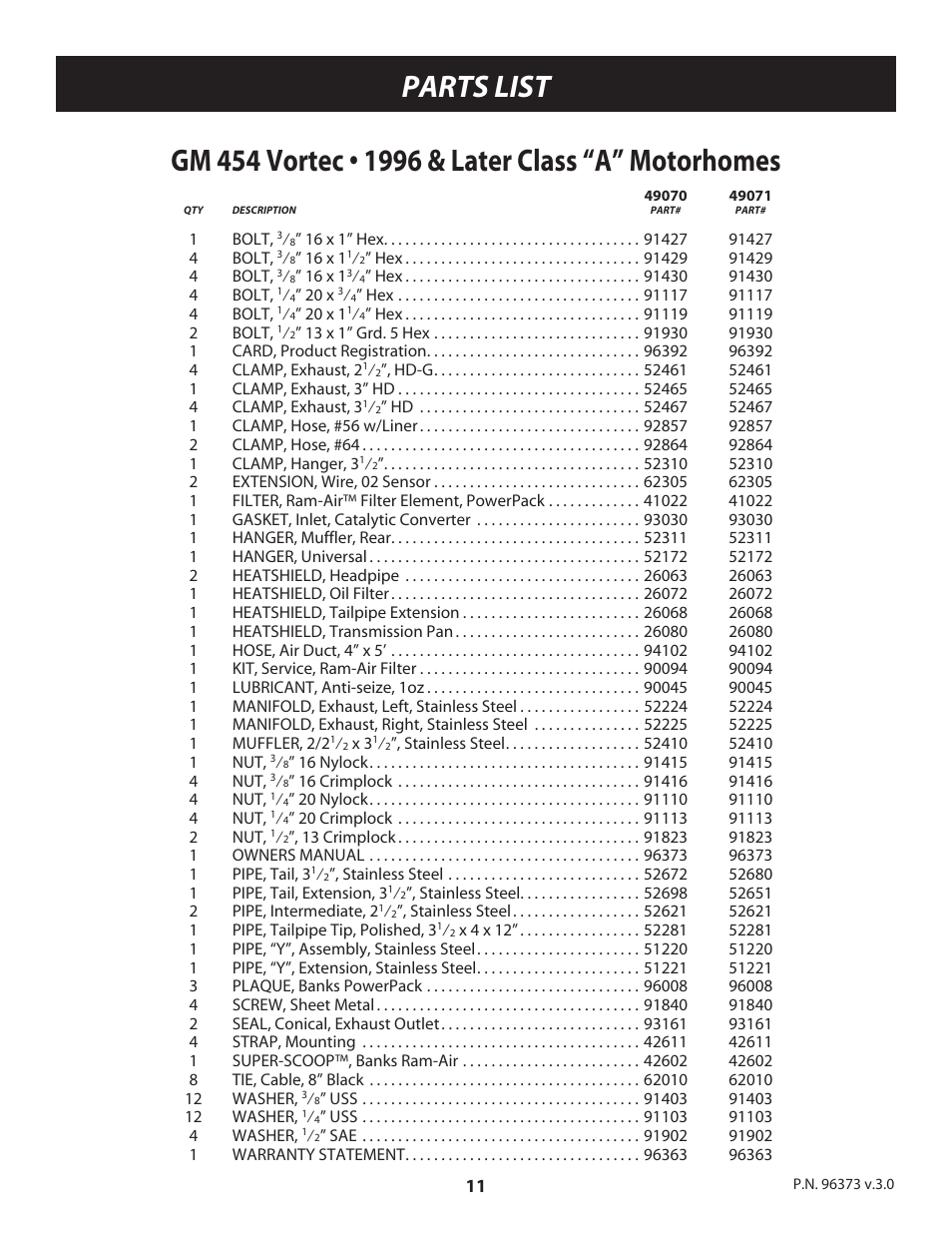 Parts list | Banks Power GM Motorhomes: (Gas ’96 - 00 7.4L Vortec) PowerPack system (EFI Vortec, P30 chassis) User Manual | Page 11 / 12