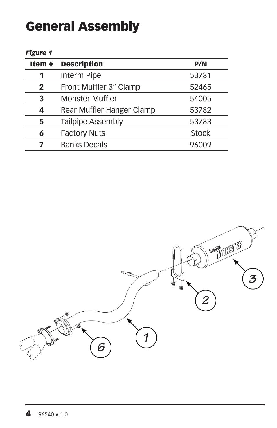 General assembly | Banks Power Chevy_GMC Trucks: Gas ’99 - 14 4.3,4.8,5.3,6.0,6.2,8.1 Exhaust- Monster Exhaust, Single Passenger side exit '07 Chevy Avalanche 5.3L & 6.0L V-8 User Manual | Page 4 / 12