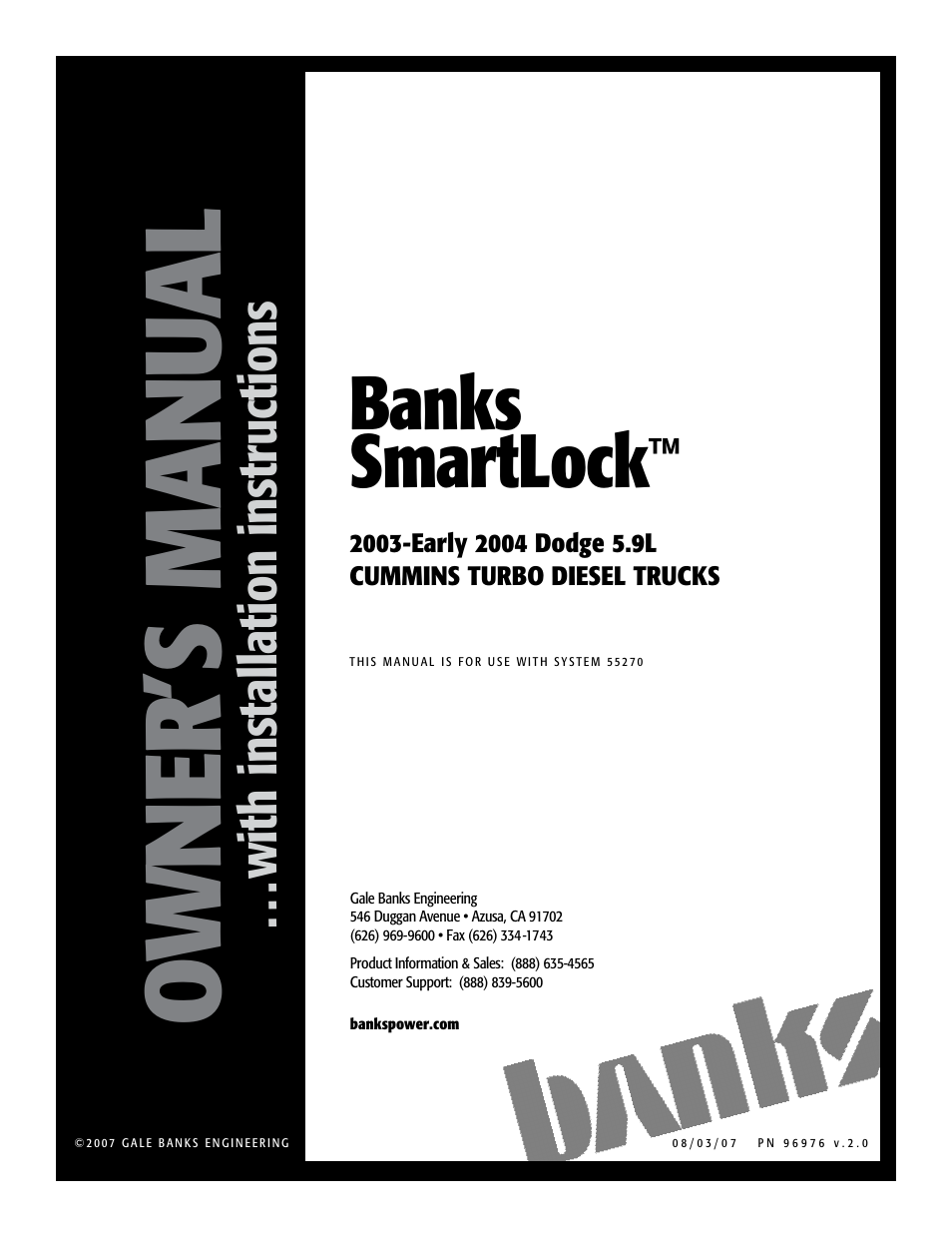 Banks Power Dodge Trucks: (Diesel ’03 - 07 5.9L Cummins) Speed Control- Banks SmartLock '03-Early 04 User Manual | 12 pages