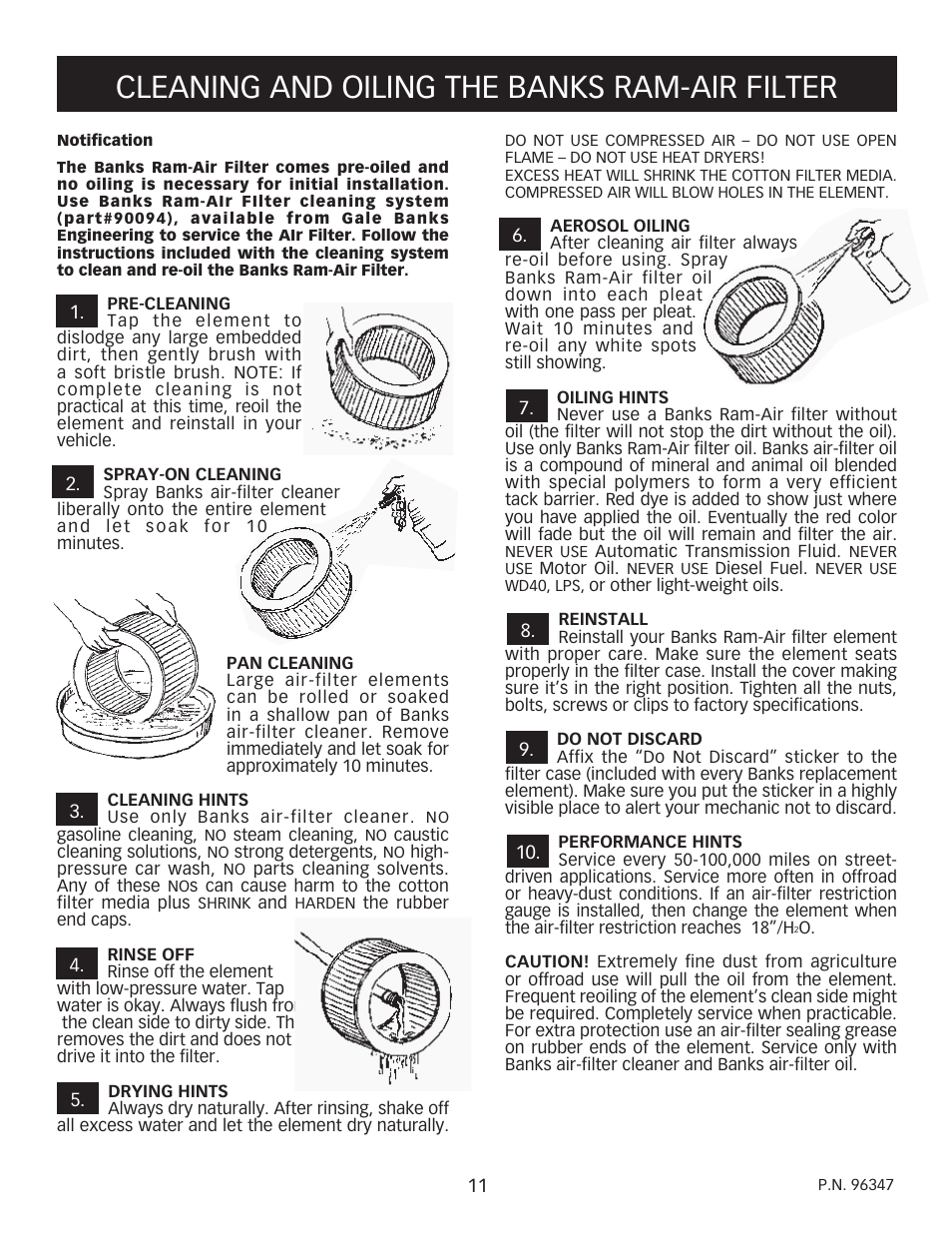 Cleaning and oiling the banks ram-air filter | Banks Power Ford Motorhomes: (Gas ’93 - 98 7.5L Class-A) PowerPack System (Class-A, JD_OK chassis) For Use w_ 460 EFI Engine User Manual | Page 11 / 12