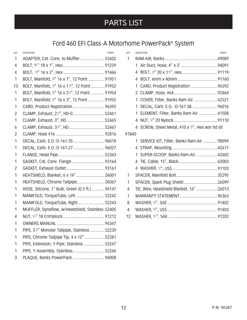 Parts list, Ford 460 efi class-a motorhome powerpack, System | Banks Power Ford Motorhomes: (Gas ’93 - 98 7.5L Class-A) PowerPack System (Class-A, JD_OK chassis) For Use w_ 460 EFI Engine User Manual | Page 12 / 12