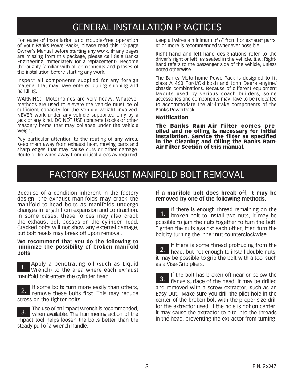 General installation practices, Factory exhaust manifold bolt removal | Banks Power Ford Motorhomes: (Gas ’93 - 98 7.5L Class-A) PowerPack System (Class-A, JD_OK chassis) For Use w_ 460 EFI Engine User Manual | Page 3 / 12