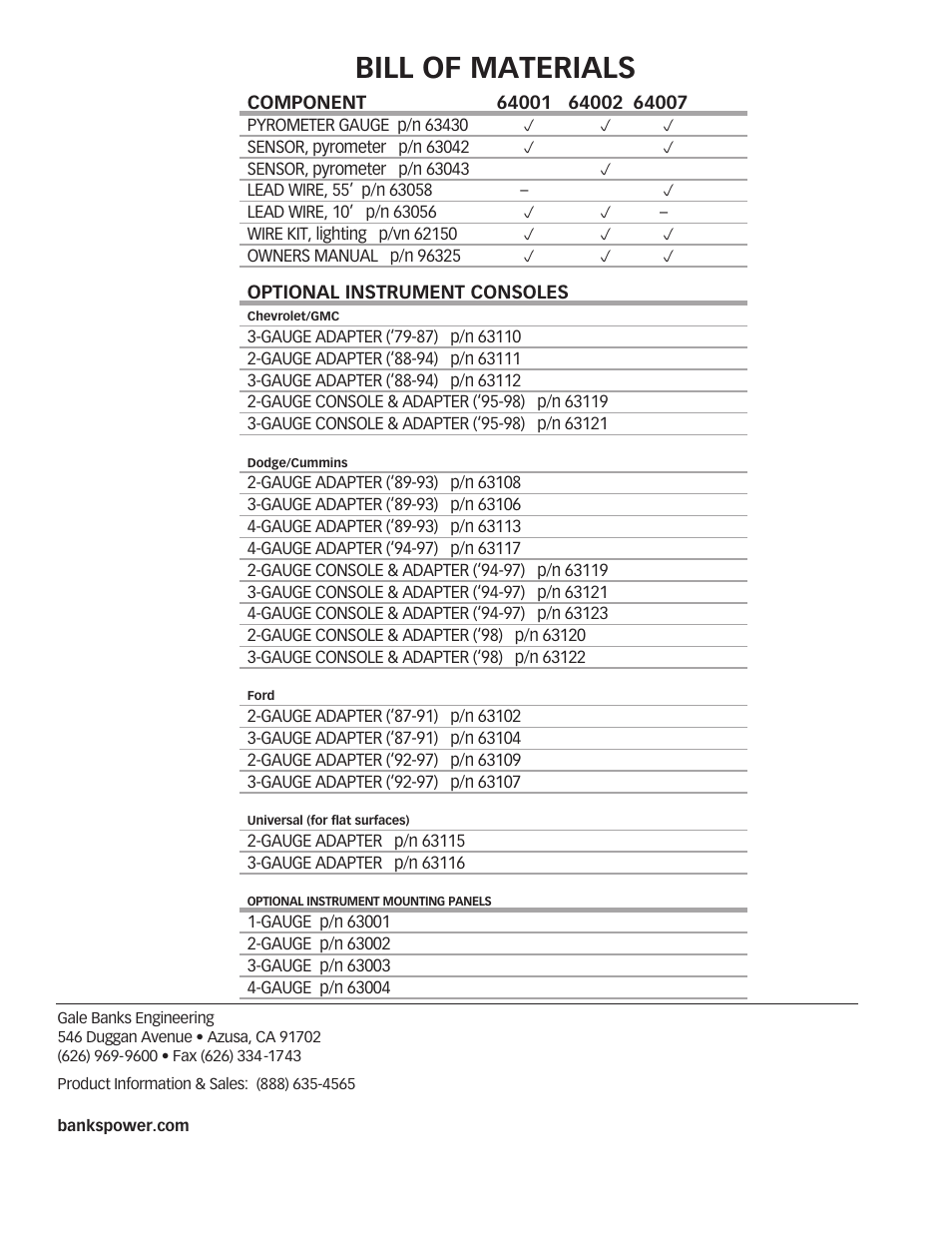Bill of materials | Banks Power Pyrometer User Manual | Page 8 / 8