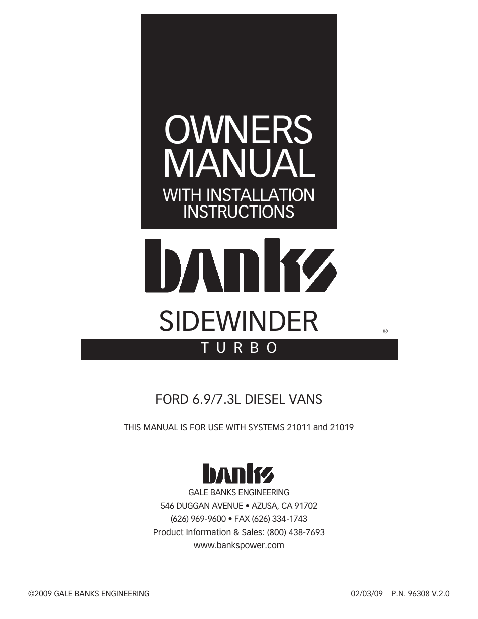 Banks Power Ford Trucks: (Diesel ’83 - 93 6.9 & 7.3L) Forced Induction- Sidewinder turbo system (Van) 6.9 & 7.3L User Manual | 24 pages