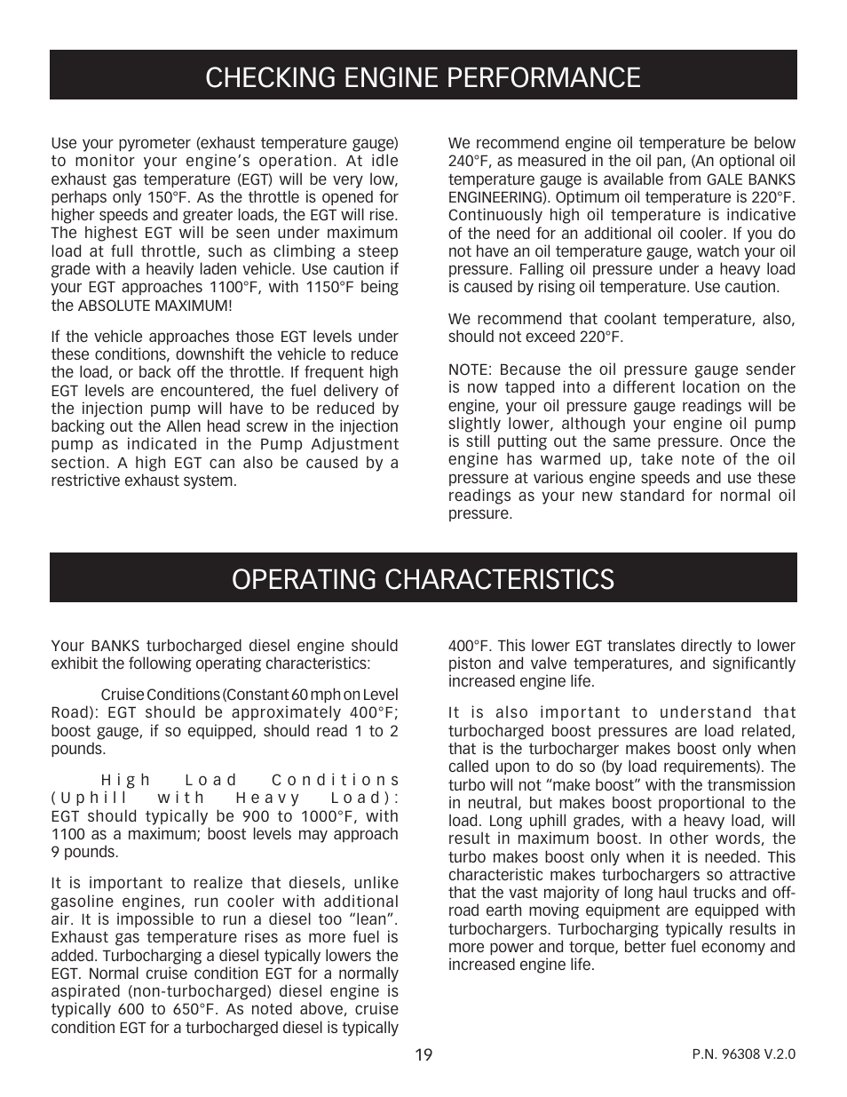 Checking engine performance, Operating characteristics | Banks Power Ford Trucks: (Diesel ’83 - 93 6.9 & 7.3L) Forced Induction- Sidewinder turbo system (Van) 6.9 & 7.3L User Manual | Page 19 / 24