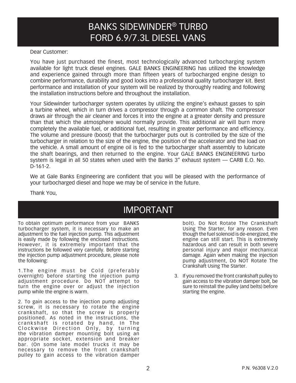 Banks sidewinder, Turbo ford 6.9/7.3l diesel vans, Important | Banks Power Ford Trucks: (Diesel ’83 - 93 6.9 & 7.3L) Forced Induction- Sidewinder turbo system (Van) 6.9 & 7.3L User Manual | Page 2 / 24
