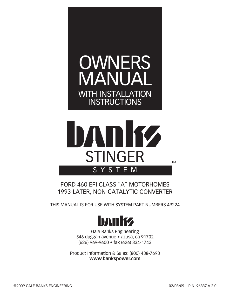 Banks Power Ford Motorhomes: (Gas ’93 - 98 7.5L Class-A) Power Systems- Stinger System (Class-A, Ford chassis, non-cat.) '93-later For Use w_ 460 EFI Engine User Manual | 12 pages