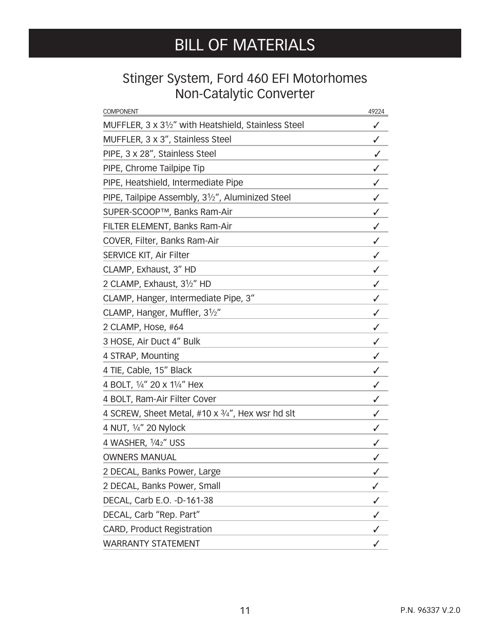 Bill of materials | Banks Power Ford Motorhomes: (Gas ’93 - 98 7.5L Class-A) Power Systems- Stinger System (Class-A, Ford chassis, non-cat.) '93-later For Use w_ 460 EFI Engine User Manual | Page 11 / 12