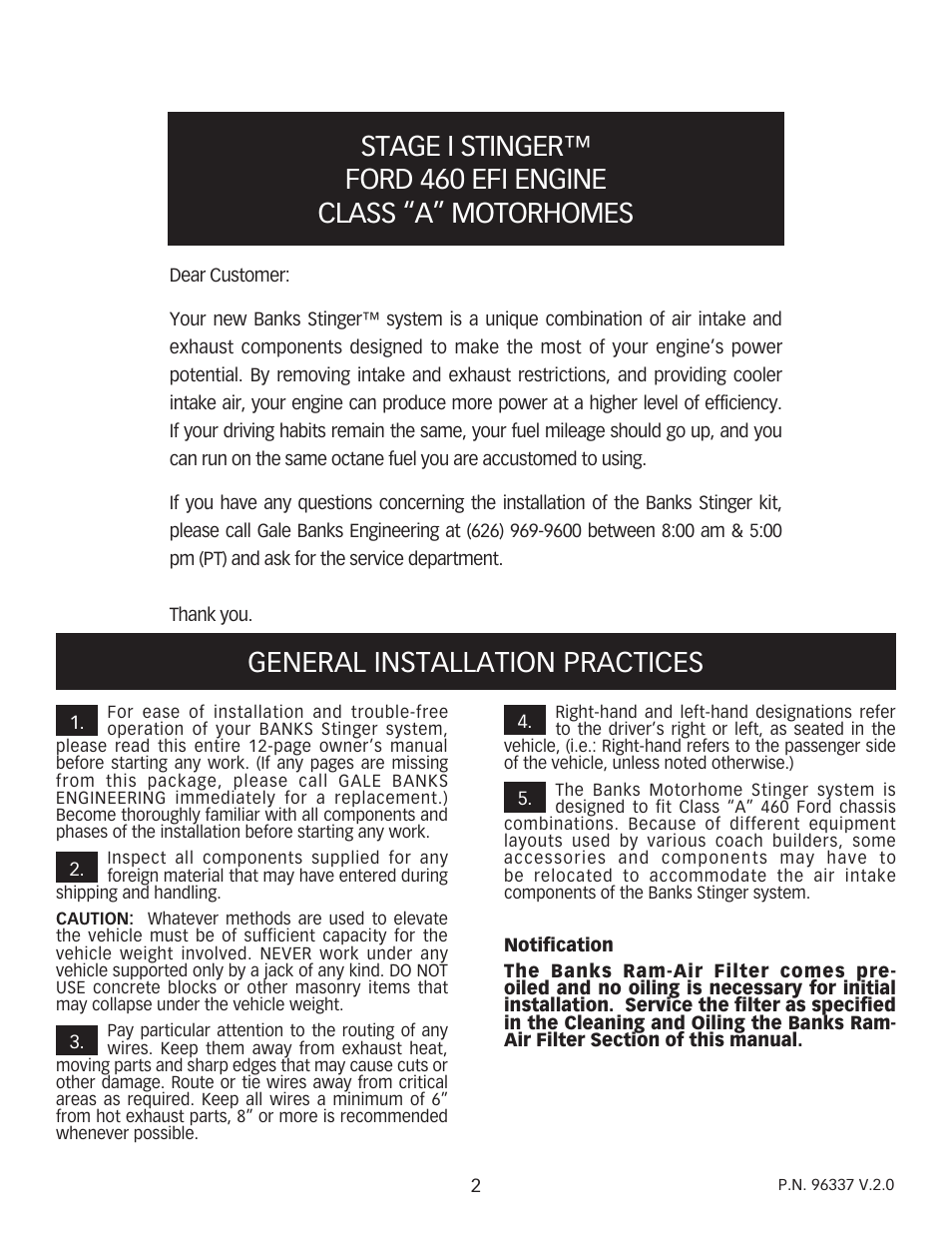 General installation practices | Banks Power Ford Motorhomes: (Gas ’93 - 98 7.5L Class-A) Power Systems- Stinger System (Class-A, Ford chassis, non-cat.) '93-later For Use w_ 460 EFI Engine User Manual | Page 2 / 12