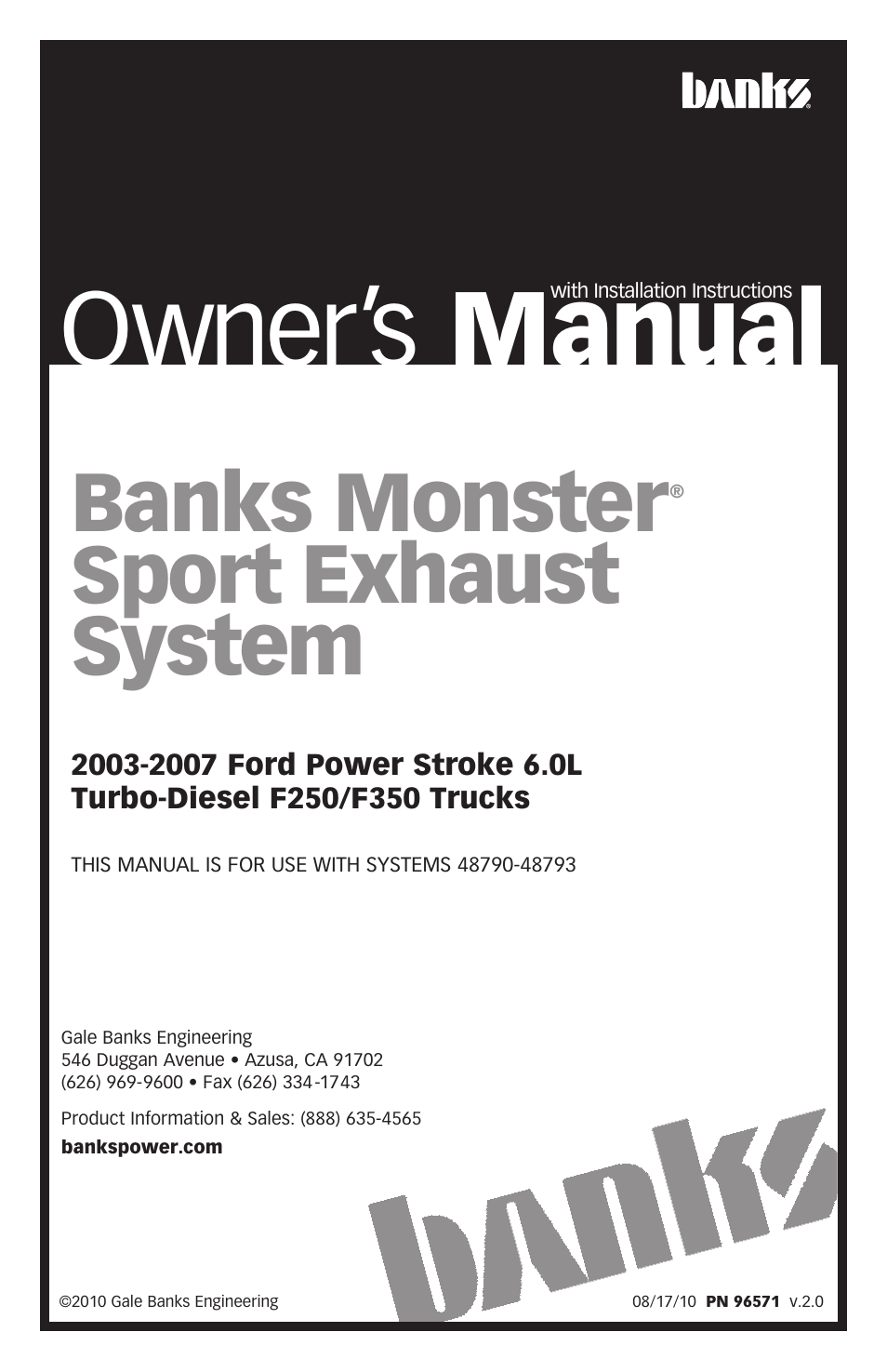 Banks Power Ford Trucks: (Diesel ’03 - 07 6.0L Power Stroke) Exhaust- Monster Sport Exhaust System 2003-07 Ford 6.0L Ecsb User Manual | 12 pages