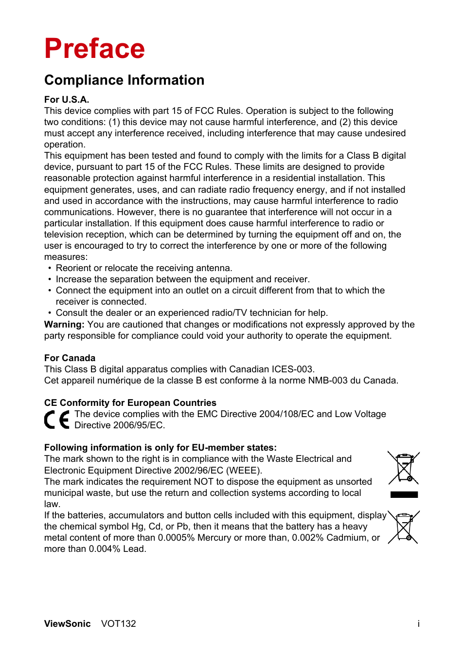Preface, Compliance information | VIEWSONIC PC mini 132 User Manual | Page 2 / 35
