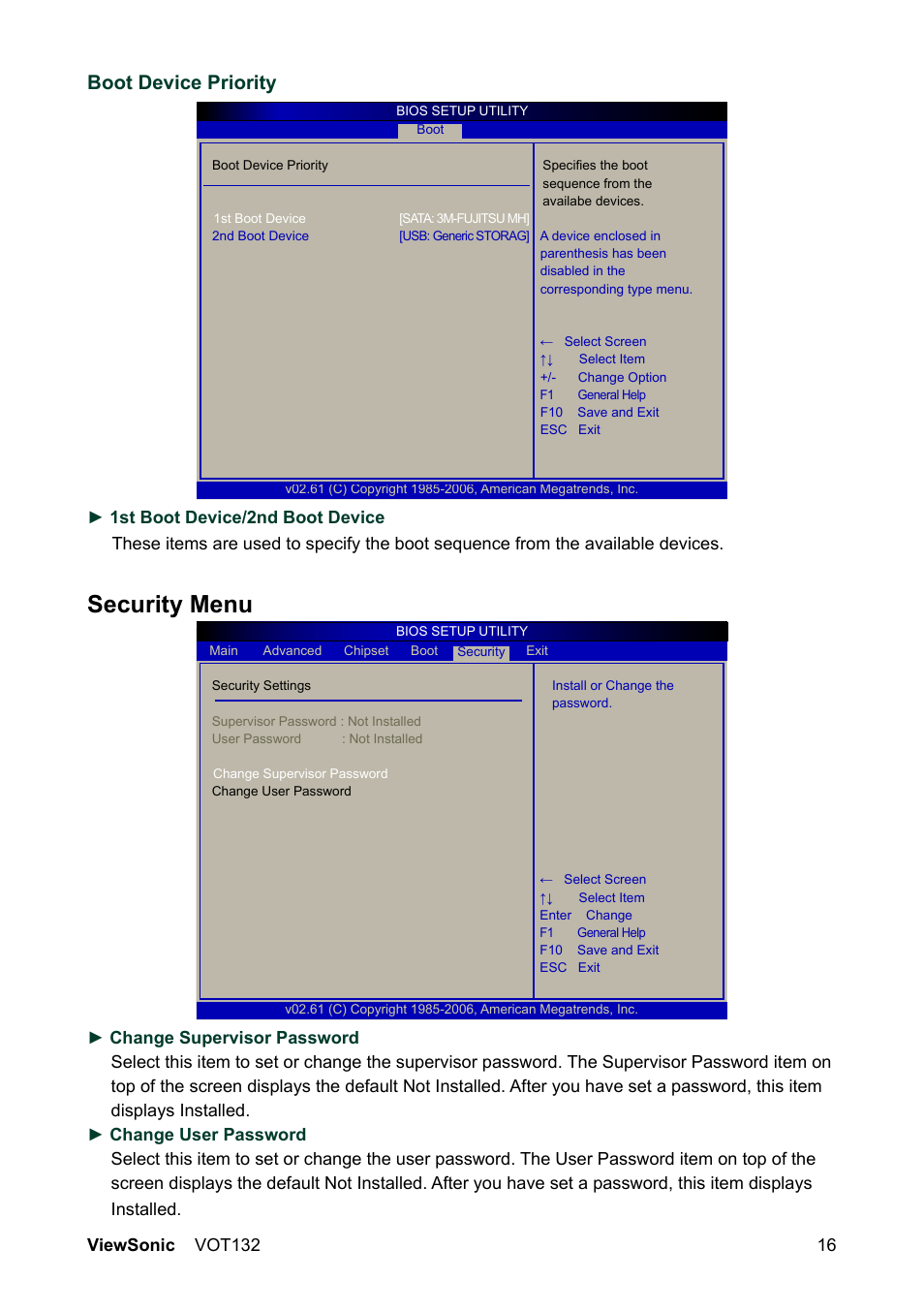 Security menu, Boot device priority | VIEWSONIC PC mini 132 User Manual | Page 23 / 35