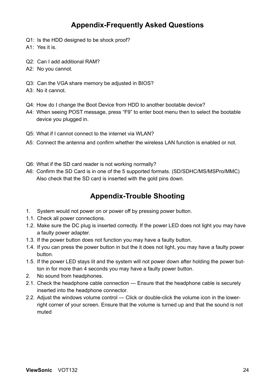 Appendix-frequently asked questions, Appendix-trouble shooting | VIEWSONIC PC mini 132 User Manual | Page 31 / 35