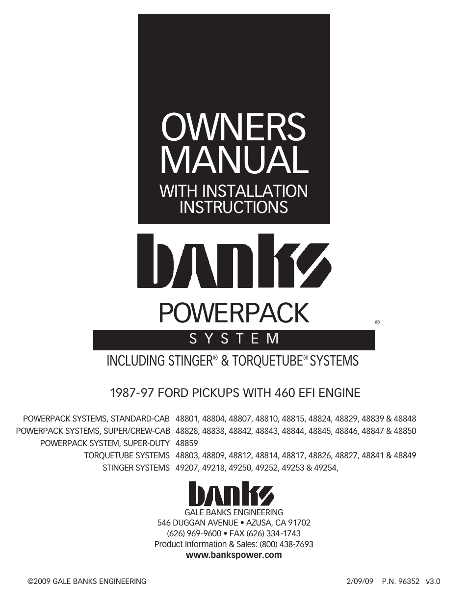 Banks Power Ford Trucks: (Gas ’87 - 97 7.5L EFI) PowerPack, Stinger & TorqueTube system '87-97 For Use w_ 460 EFI Engine User Manual | 20 pages