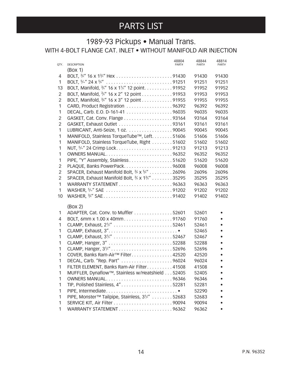 Parts list | Banks Power Ford Trucks: (Gas ’87 - 97 7.5L EFI) PowerPack, Stinger & TorqueTube system '87-97 For Use w_ 460 EFI Engine User Manual | Page 14 / 20