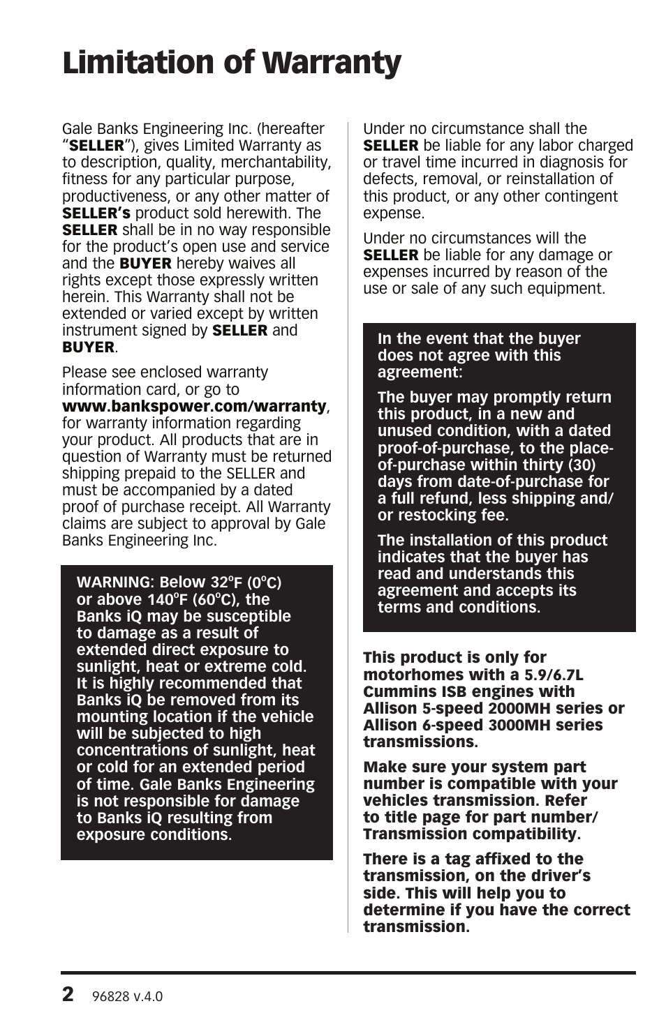 Limitation of warranty | Banks Power Cummins Motorhomes: (Diesel ’03 - 07 ISB-CR 5.9L) Power Pack with EconoMind and Banks iQ w_optional DynaFact Gauges 5.9L (Class-A w_Allison 2000-3000 Trans '03-07), 6.7L (Class-A, All Trans) '07-09 User Manual | Page 2 / 34