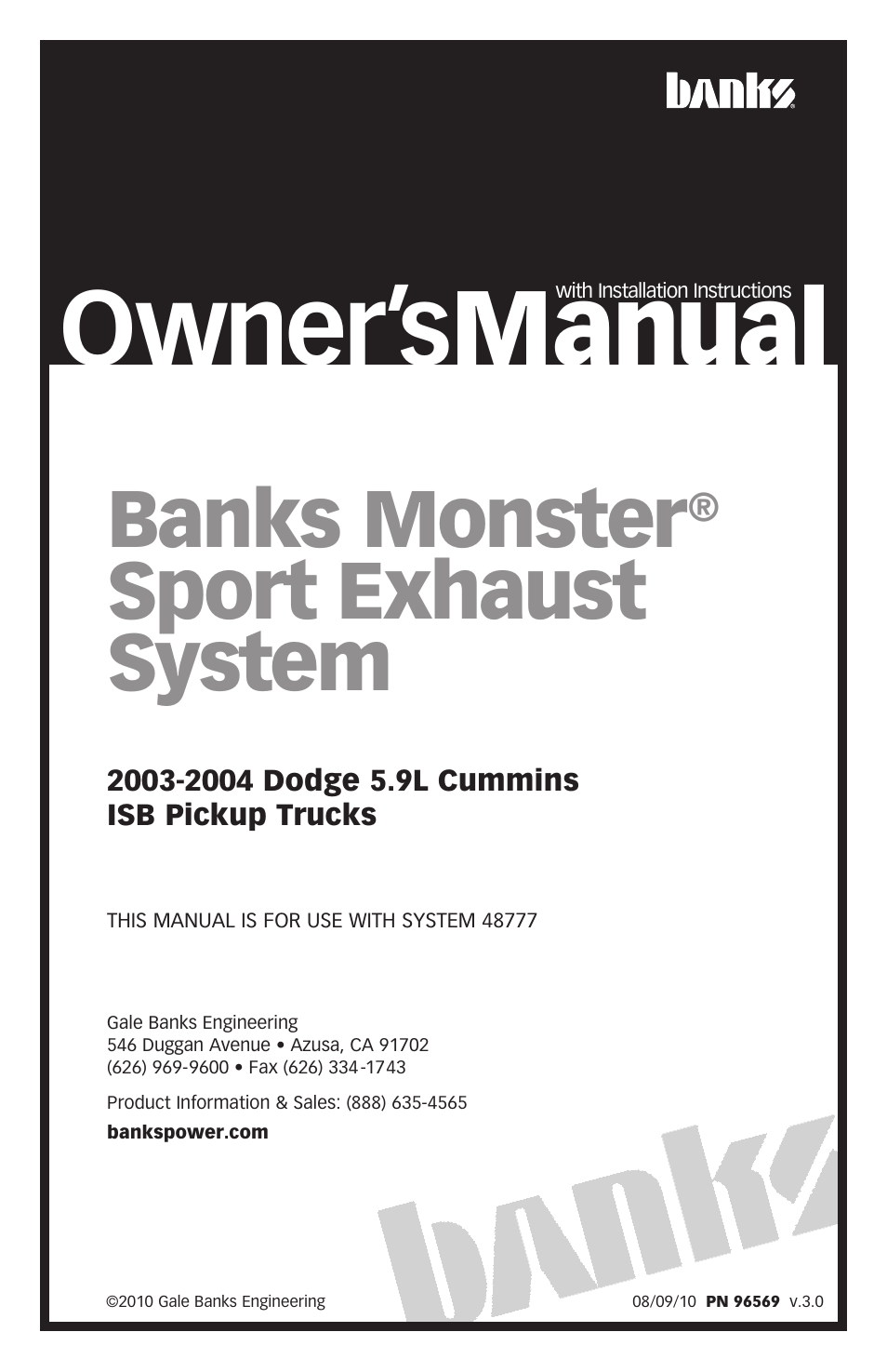 Banks Power Dodge Trucks: (Diesel ’03 - 07 5.9L Cummins) Exhaust- Monster Sport Exhaust System '03-04 User Manual | 12 pages